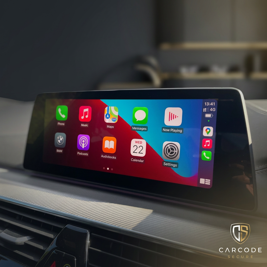 Car dashboard screen displaying Apple CarPlay apps including Phone, Music, Maps, Messages, and Settings