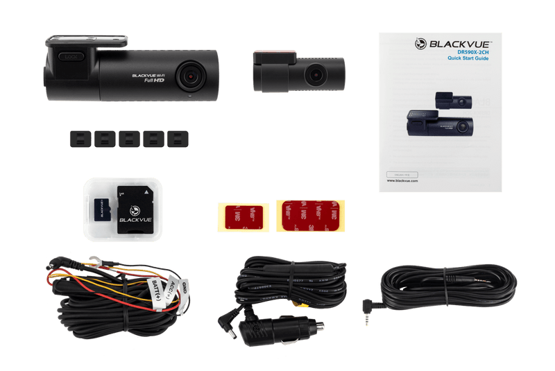 Collection of BlackVue car dashboard camera accessories on a green background