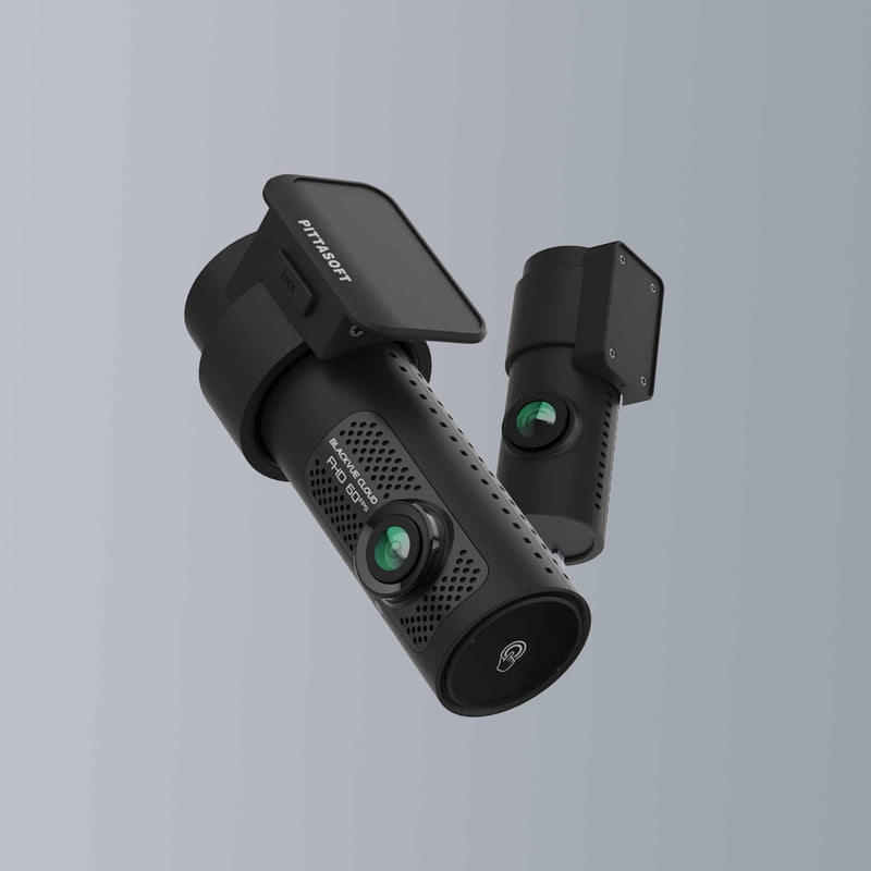 Black dual-camera device on a gray background