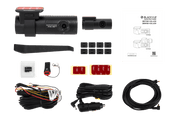 Car dashboard camera kit with various components on a white background