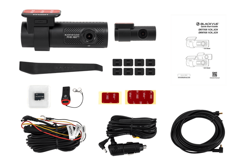 Car dashboard camera kit with various components on a white background