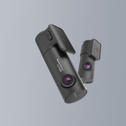 A BlackVue DR590X Full HD Dash Cam with a sleek black design, featuring lenses for front and rear recording.